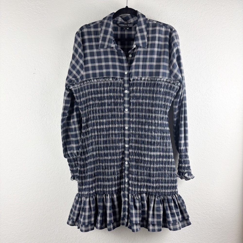 Veronica Beard Kelsey Long Sleeve Smocked Mini Dress Navy Blue Plaid Size 14 - Picture 2 of 8